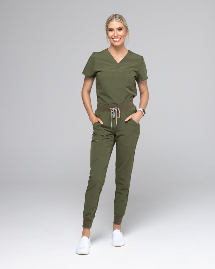 Olive Green Lainey Scrubs - Scrub Top & Jogger Pants