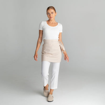 Mia Linen Half Apron in Oatmeal, front view | Spring Spa Wear