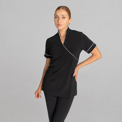 Spa Uniform 10 tunic in Black with mandarin collar and contrast piping | Spring Spa Wear