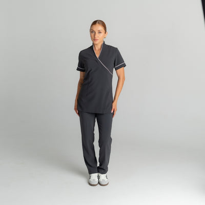 Spa Uniform 10 tunic in Charcoal Grey, front view | Spring Spa Wear