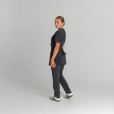Spa Uniform 12 wrap tunic in Charcoal Grey, side view | Spring Spa Wear