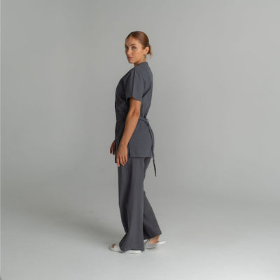 Eden Linen Tunic in Charcoal Grey, side view | Spring Spa Wear